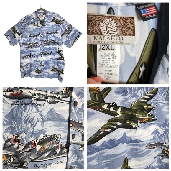KALAHEO Airplane Fighter Bomber Hawaiian Shirt Short Sleeve Button Down Size 2XL - Picture 13 of 16